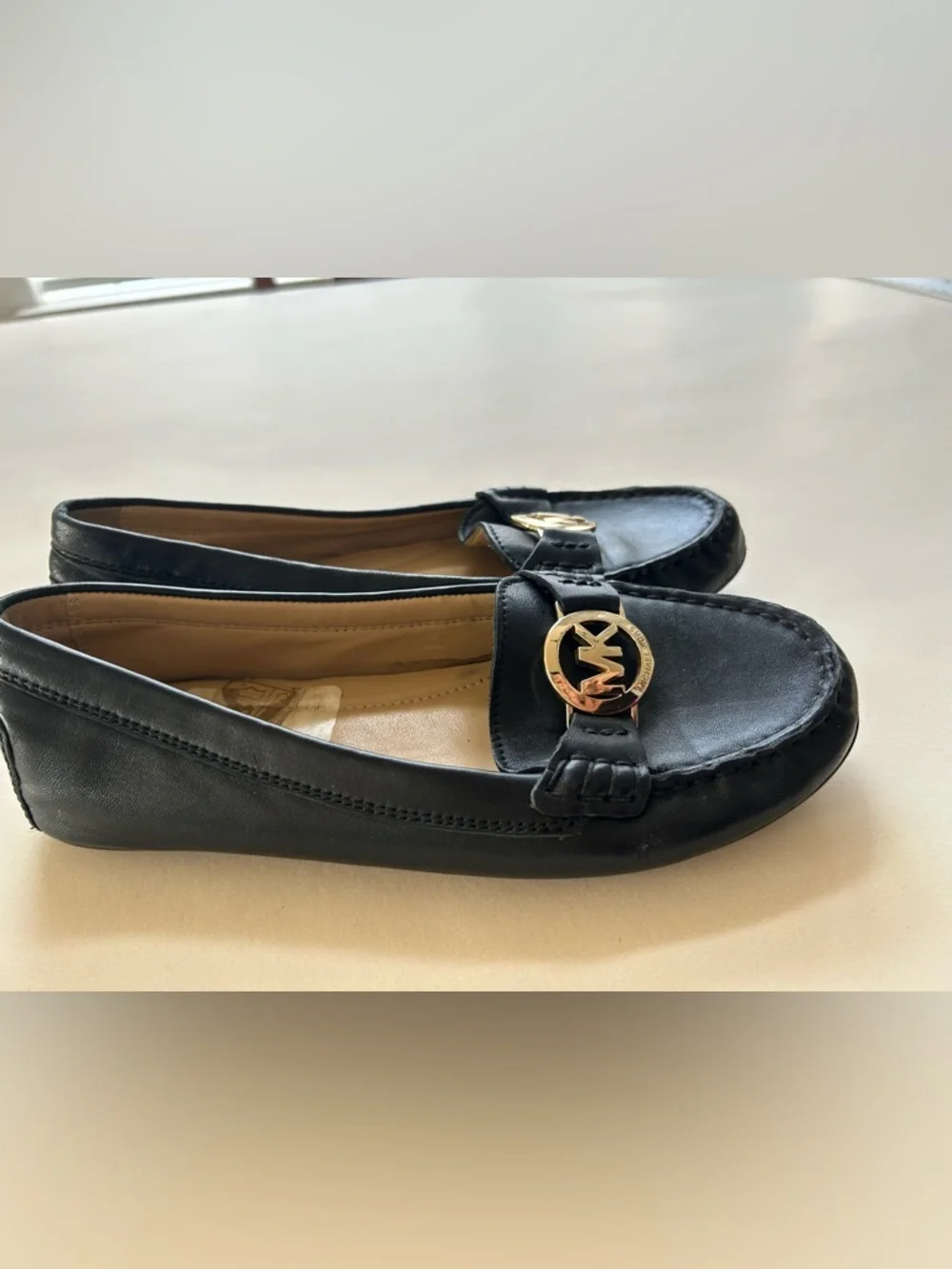 Michael Kors Black Leather Slip-On Loafers with Gold MK Medallion size 6.5